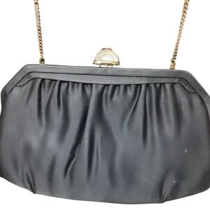 Vintage Black Satin  Mardane Md USA Purse Evening Bag Chain Strap & mirror